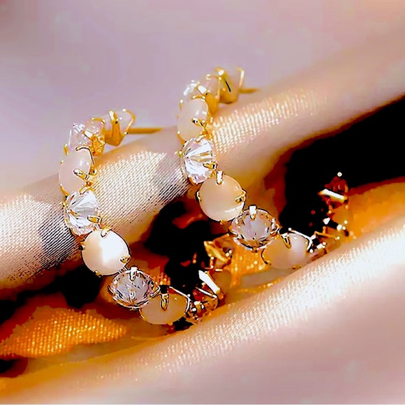 Gold Plated White Opal Hoop Earrings by Grathia Cero - Picture 2 of 8